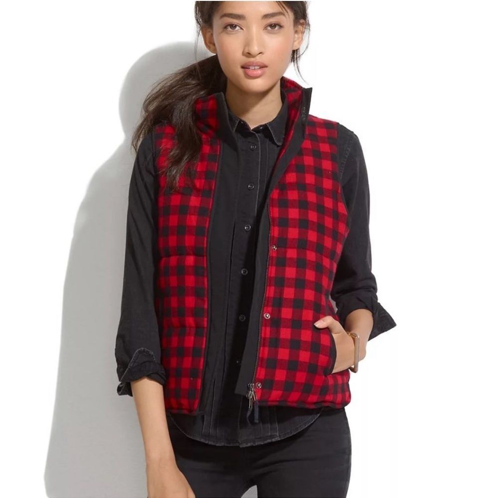 Madewell Fireside Buffalo Plaid Fleece Sherpa Lined Zip-Up Vest Size Small